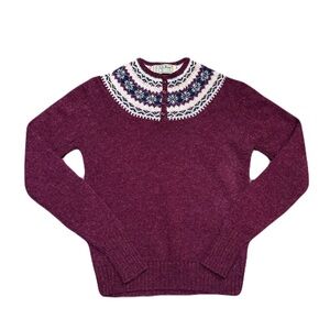 Vtg LL Bean 100% Wool Nordic Fair Isle Henley Sweater Womens Small/38 Maroon